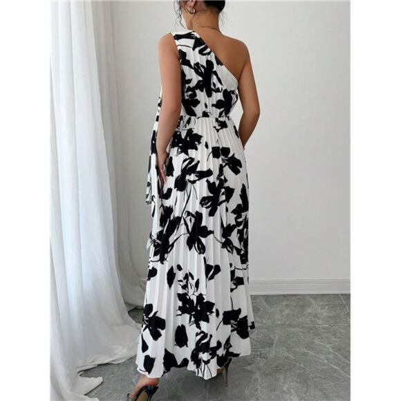 NEW - Elegant Women's Floral Pleated Elegant One Shoulder Dress - Picture 2 of 7